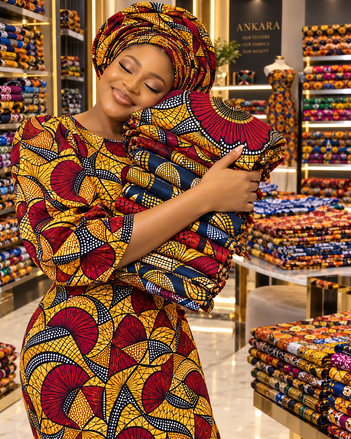 Woman holding folded red and gold Ankara fabrics