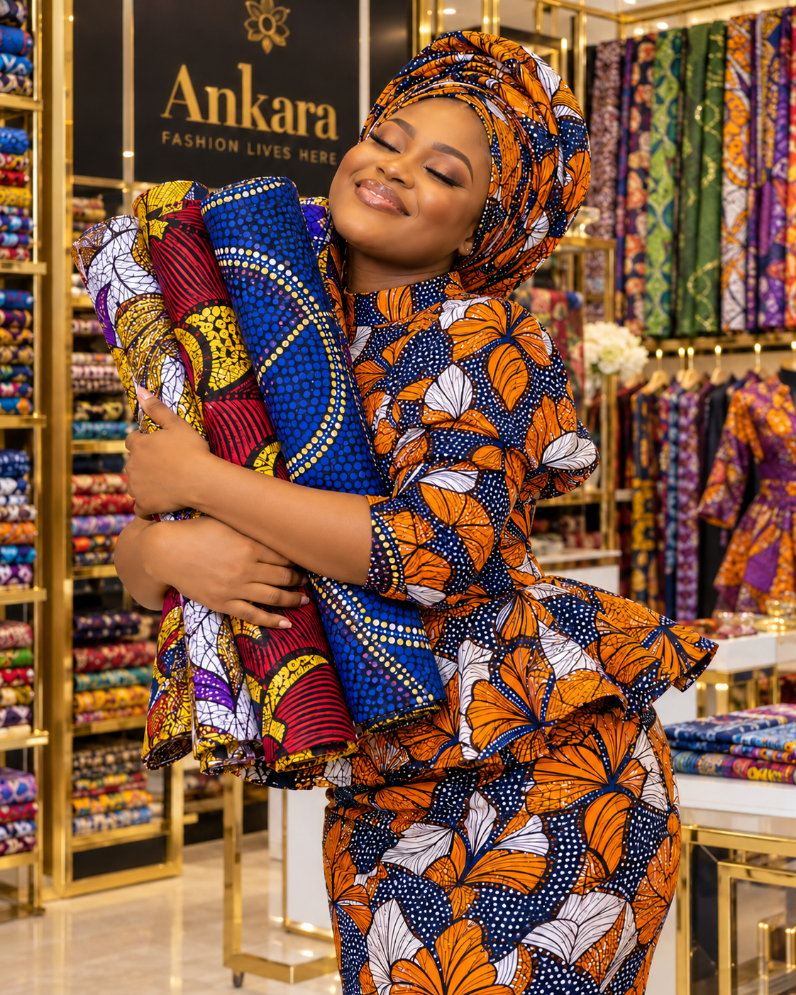 Woman holding colorful Ankara fabric rolls