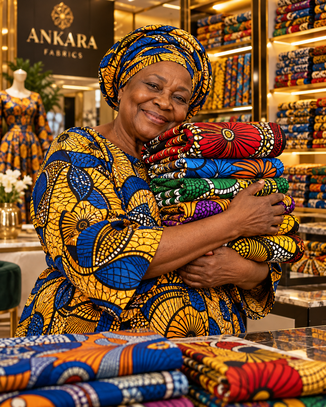 Woman holding a stack of bright Ankara fabrics